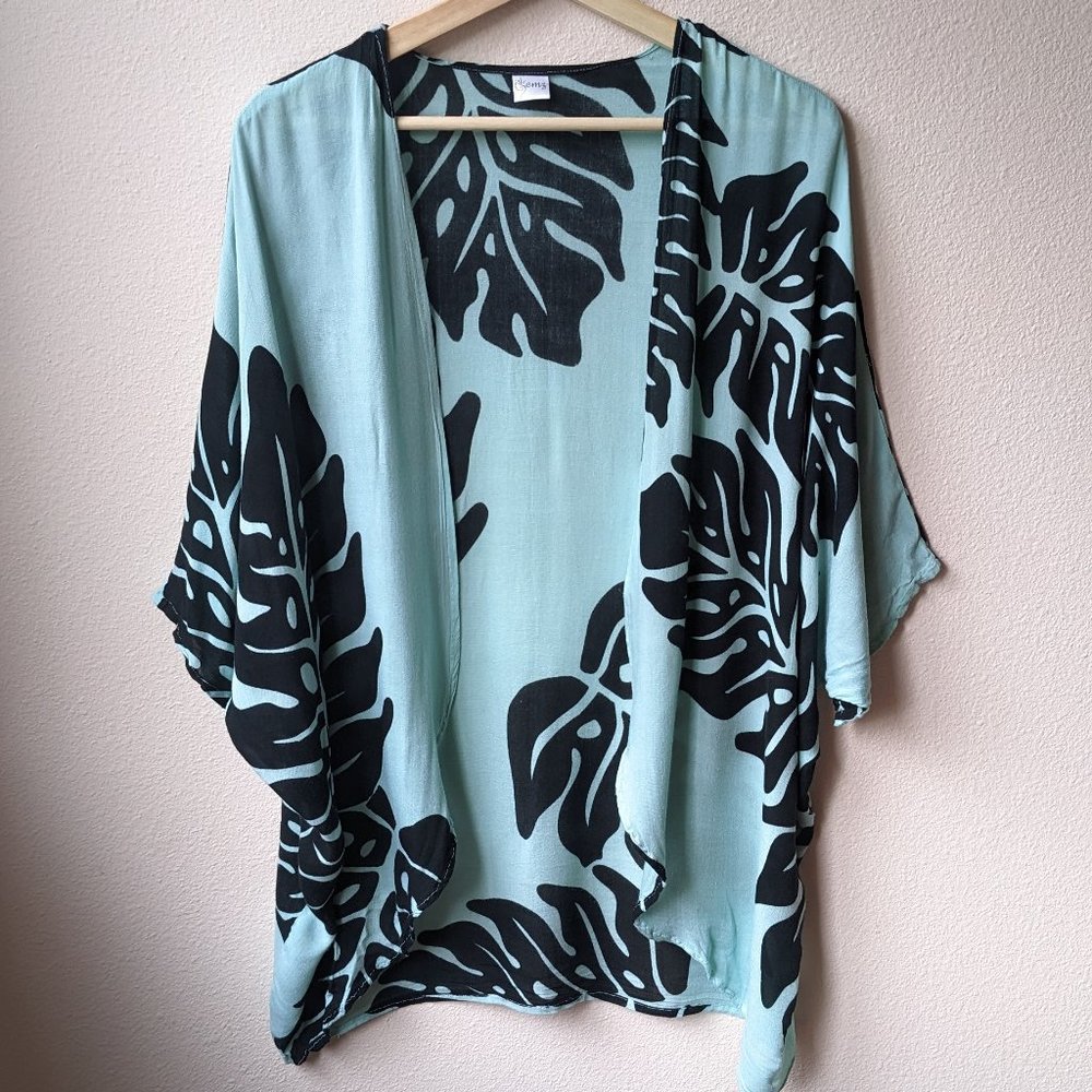 Gemz - Seafoam Green and Black Botanical-Print Cocoon Coverup